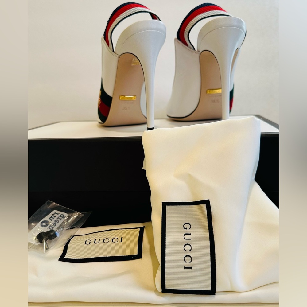 Gucci Sylvie Leather Slingback Pumps with Bee in White 36.5 - Picture 16 of 16